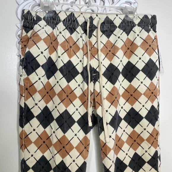 PACSUN size Slim MEDIUM Argyle Pattern Corduroy PANTS Elastic Waist TAN GRAY - Picture 9 of 16